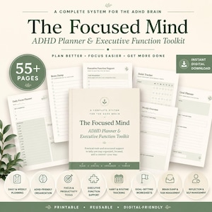 Può includere: Un pianificatore digitale ADHD e un toolkit per le funzioni esecutive intitolato The Focused Mind, con oltre 55 pagine di modelli stampabili tra cui pianificatori giornalieri, tracker delle abitudini e pianificatori di obiettivi.