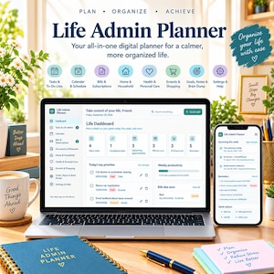 Op de afbeelding: Een digitale Life Admin Planner weergegeven op een laptop- en smartphonescherm, met een dashboard voor taken, agenda en rekeningen. De tekst Plan, Organize, Achieve en Life Admin Planner is duidelijk zichtbaar op de schermen.