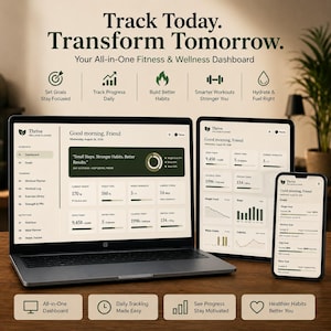 May include: A laptop, tablet, and smartphone displaying the Thrive Wellness Planner dashboard. The screens show fitness tracking data, including weight, steps, water intake, and workout goals. The interface features a dark green and cream color scheme.