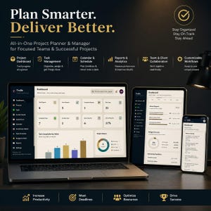 May include: A laptop, tablet, and smartphone displaying the Trellis project management software dashboard. The screens show project metrics, task completion charts, and team collaboration tools with a dark background and gold text accents.