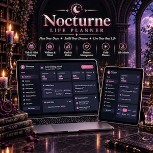 Peut inclure: Une interface de planificateur de vie numérique intitulée Nocturne Life Planner affichée sur un écran d'ordinateur portable et de tablette. Le tableau de bord sombre comprend des sections pour le suivi des tâches, le bien-être et les finances.