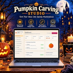 Puede incluir: Un portátil que muestra la interfaz del panel de control de Pumpkin Carving Studio. La pantalla presenta un menú de navegación, estadísticas de proyectos, un calendario de tallado y una lista de verificación. El texto incluye Pumpkin Carving Studio y Dashboard.