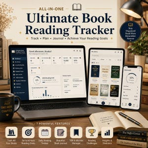May include: A digital book reading tracker displayed on a laptop, tablet, and smartphone screen. The interface shows reading statistics, book covers, and progress bars. An open book with text and a pen sit on a wooden desk with stacked books.