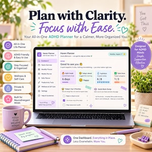 Planer życia z ADHD | Interaktywny panel HTML | Niedatowany planer dzienny, tygodniowy, miesięczny | Neuroatypowy