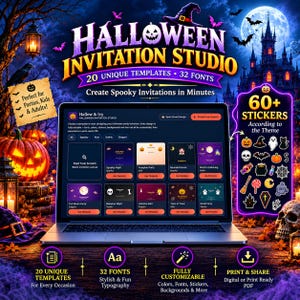 May include: A laptop displaying a Halloween Invitation Studio interface with 20 templates and 32 fonts. The screen shows various party invitation designs. A sidebar lists 60 stickers including pumpkins, ghosts, and bats. The background features a spooky castle.