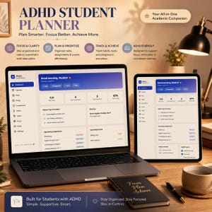 Peut inclure: Un planificateur numérique pour étudiants TDAH affiché sur un écran d'ordinateur portable et de tablette, présentant un tableau de bord avec des listes de tâches, des suivis de devoirs et des calendriers d'examens. Un carnet noir et un stylo.