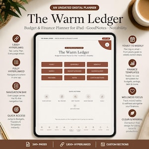 Può includere: Un tablet digitale che mostra The Warm Ledger, un pianificatore di budget e finanze senza data. Lo schermo presenta una dashboard con pulsanti di navigazione marroni per le sezioni annuali, trimestrali, mensili, settimanali, budget e note.