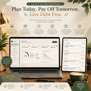 Può includere: Un pianificatore digitale per il rimborso dei debiti visualizzato su uno schermo di un portatile e di un tablet. L'interfaccia include una dashboard, un tracker dei debiti e strumenti di budget con il testo Plan Today. Pay Off Tomorrow. Live Debt Free.