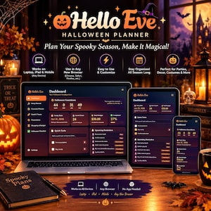 Puede incluir: Un planificador digital de Halloween titulado Hello Eve mostrado en una computadora portátil, tableta y teléfono inteligente. La interfaz presenta un tema oscuro con acentos naranjas, mostrando un tablero con cuenta regresiva y tareas.