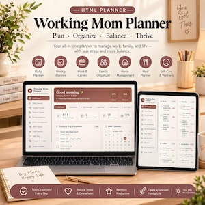 Puede incluir: Un planificador digital Working Mom Planner mostrado en la pantalla de una computadora portátil y una tableta, con secciones para planificación diaria, semanal, laboral, familiar, del hogar, de comidas y de cuidado personal en tono marrón.