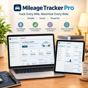 May include: A laptop and tablet displaying the Mileage Tracker Pro dashboard interface. The screen shows mileage data, trip logs, and expense reports. Text includes "Track Every Mile. Maximize Every Ride." and "Good Journeys Ahead" on a mug.