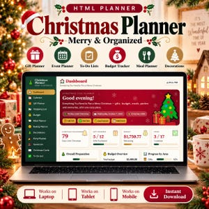 May include: A digital Christmas planner displayed on a laptop screen, featuring a dashboard with sections for gifts, budget, meals, and tasks. The interface includes a countdown, progress bars, and navigation menus. Text includes "Christmas Planner," "Merry & Organized," and "Dashboard."