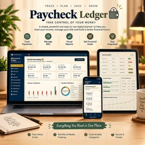 May include: A digital financial planner titled Paycheck Ledger displayed on a laptop, tablet, and smartphone. The screens show dashboards with income, expenses, bills, and savings data. A notebook with the text Better Money Bigger Dreams is nearby.