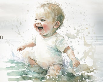 Digital Downloads of Beach Babies in watercolor can be used as scrapbooking pages for junk journal or wall art for the Nursery, 6 pages