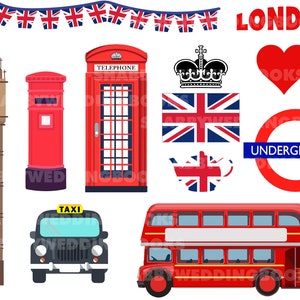 Clipart de Londres, clipart britânico, ônibus de Londres, táxi de Londres, caixa postal, caixa telefônica, Big ben, ilustrações, PNG e JPG, download instantâneo.