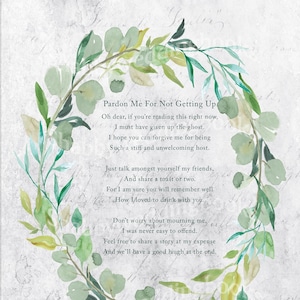 Perdón por no levantarme, poema de Kelly Roper, descarga digital, tipografía, elogio fúnebre, impresión instantánea desde casa, acuarela verde