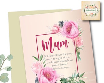 Printable Mothers Day Card, Digital Download, Card for Mum. YOU PRINT.  fits a 5' x 7" envelope. Prints on 11 x8.5 page. Beautiful peonies