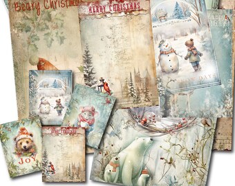 Christmas Junk journaling cards, printable pages, Journal Supplies, scrapbooking papers, 13 cards, 3 different sizes, shabbyweddingbooks