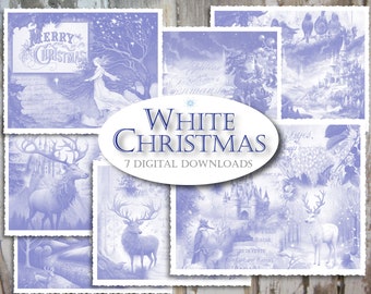 Utskrivbara sidor med vit jul, vinterland, 7 scrapbookingpapper, digital nedladdning, 11 x 8,5, utskrivbara julpapper blå duoton