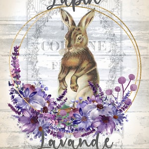 Bunny Digital Download, Français Country vintage, Couronne de fleurs, Carte Peter Rabbit, Décor de Pâques, ClipArt, Papiers Scrapbooking