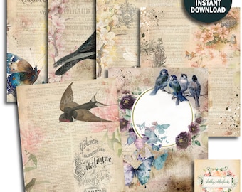 Paper Collection featuring Birds and Bees, 6 scrapbooking Sheets of Printable Paper, Use for Journaling, Download, shabbyweddingbooks