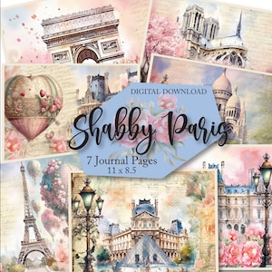Set of 7, Vintage Style Shabby Paris Junk Journal Pages, Digital Scrapbook Kit, French Style Ephemera, Shabby Chic Instant Download Print