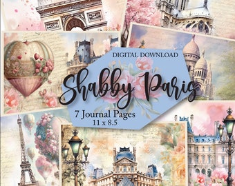 Set of 7, Vintage Style Shabby Paris Junk Journal Pages, Digital Scrapbook Kit, French Style Ephemera, Shabby Chic Instant Download Print