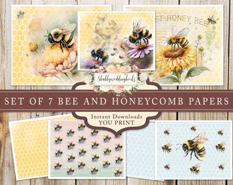 May include: A set of seven bee and honeycomb papers with watercolor illustrations. The designs feature bees on flowers, honeycomb patterns, and the text "Sweet Honey Bee". The papers are available as instant downloads.