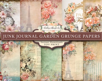 Junk Journal Grunge Garden Papers, Digital Download, 10 pages, 12" x 12" Craft paper for junk journals and crafts, Instantly print.