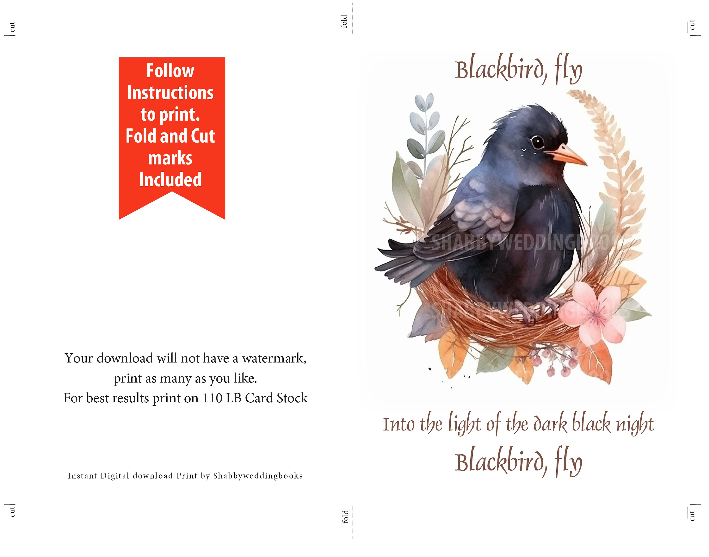 Printable Watercolor Blackbird Card, Digital Download, Fly Blackbird ...