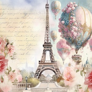 Conjunto de 7, páginas de diario basura de estilo vintage Shabby Paris, kit de álbum de recortes digital, efímera de estilo francés, impresión de descarga instantánea Shabby Chic