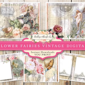 Téléchargement numérique de fées de fleurs dans un style vintage pour les journaux de pacotille et les pages d’albums