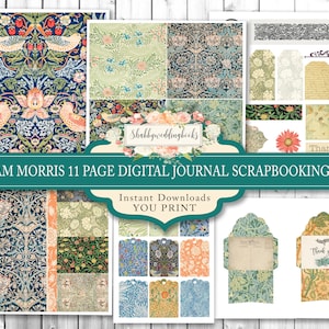 William Morris 11 page Digital Journal Scrapbooking Pages, Botanical Floral Scrapbooking Paper 12&#39; x 12&quot; Envelopes and Tags