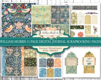 William Morris 11 page Digital Journal Scrapbooking Pages, Botanical Floral Scrapbooking Paper 12' x 12" Envelopes and Tags