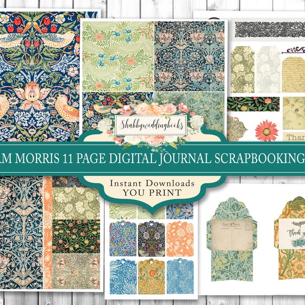 William Morris 11 page Digital Journal Scrapbooking Pages, Botanical Floral Scrapbooking Paper 12' x 12" Envelopes and Tags