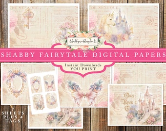 Fairytale Junk Journal Kit, 7 Sheets of Printable Paper, shabbyweddingbooks, scrapbook, Once Upon a Time fairy castle pages and tags