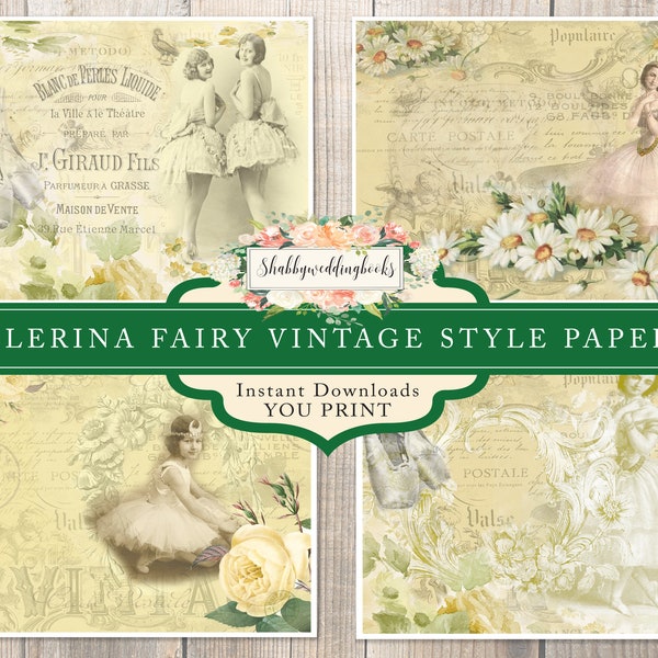 4 Ballerina vintage digital downloads for scrapbooking, craft papers or junk journals-Yellow themed