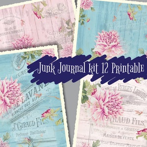 Floral Junk Journal kit, digital download includes 12 printable 8.5&quot; x 11&quot;, Envelopes and tags for collage or scrapbooking and journaling