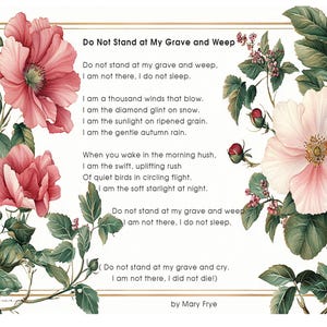 No te quedes ante mi tumba llorando, poema de Mary Frye, descarga digital, tipografía, elogio fúnebre, impresión instantánea desde casa,