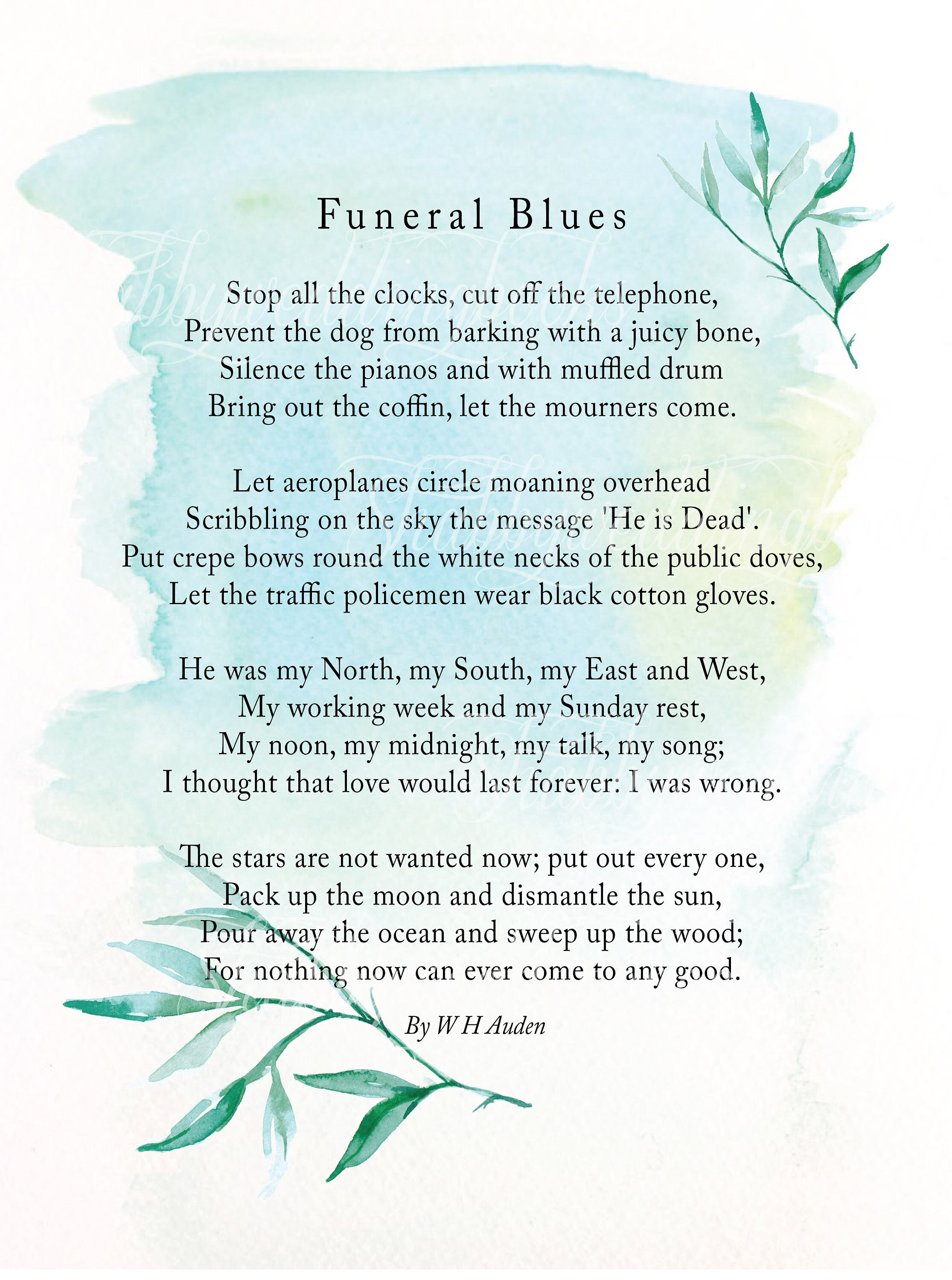 Funeral Blues, W H Auden, Digital Download, Inspirational Watercolor Art, Typography Instant
