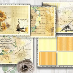 Scrapbooking Digital download, 8 altered art SUNFLOWER YELLOW pages, Mixed Media sheets, Junk Journal art, Papers, Instant print