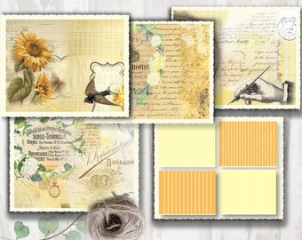 Scrapbooking Digital download, 8 altered art SUNFLOWER YELLOW pages, Mixed Media sheets, Junk Journal art, Papers, Instant print