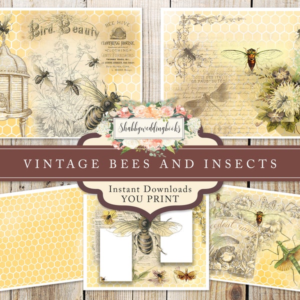 5 Bee and Insect themed digital papers - Vintage paper theme, Digital download