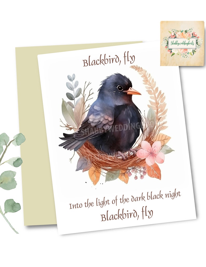 Printable Watercolor Blackbird Card, Digital Download, Fly Blackbird ...