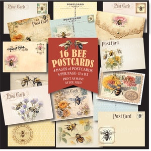 16 Bee Postcards, Printable kit, Digital Download, Printable Ephemera, Junk Journal Ephemera, Beekeeper, Vintage, Honeycomb, Collage Sheet,