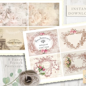 8 French Fancy Postcards DIGITAL DOWNLOAD, in a shabby chic style in vintage postcard art design