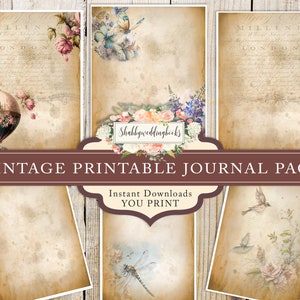 6 Scrapbooking Seiten, Luftballon Blumen Papiere für Journaling, Distressed Ephemera, Luftballon, Blumen Bilder, Vintage Kunst Papiere