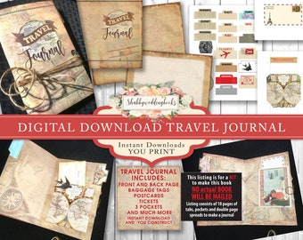 Travel Journal Kit,  Digital Download, Junk Journal, travel tabs and pockets print as many times as you need, Great gift