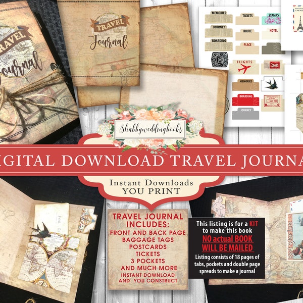 Travel Journal Kit,  Digital Download, Junk Journal, travel tabs and pockets print as many times as you need, Great gift