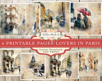 Lovers In Paris. Set of 7 Digital Download Pages of Paris, watercolor scrapbooking pages for junk journals and crafts, Instantly print
